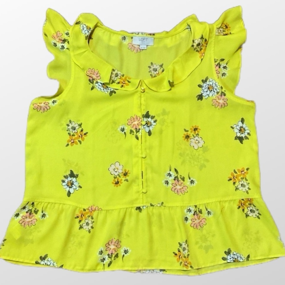 Loft women’s petter pan collar Floral Yellow short sleeve ruffle Top
